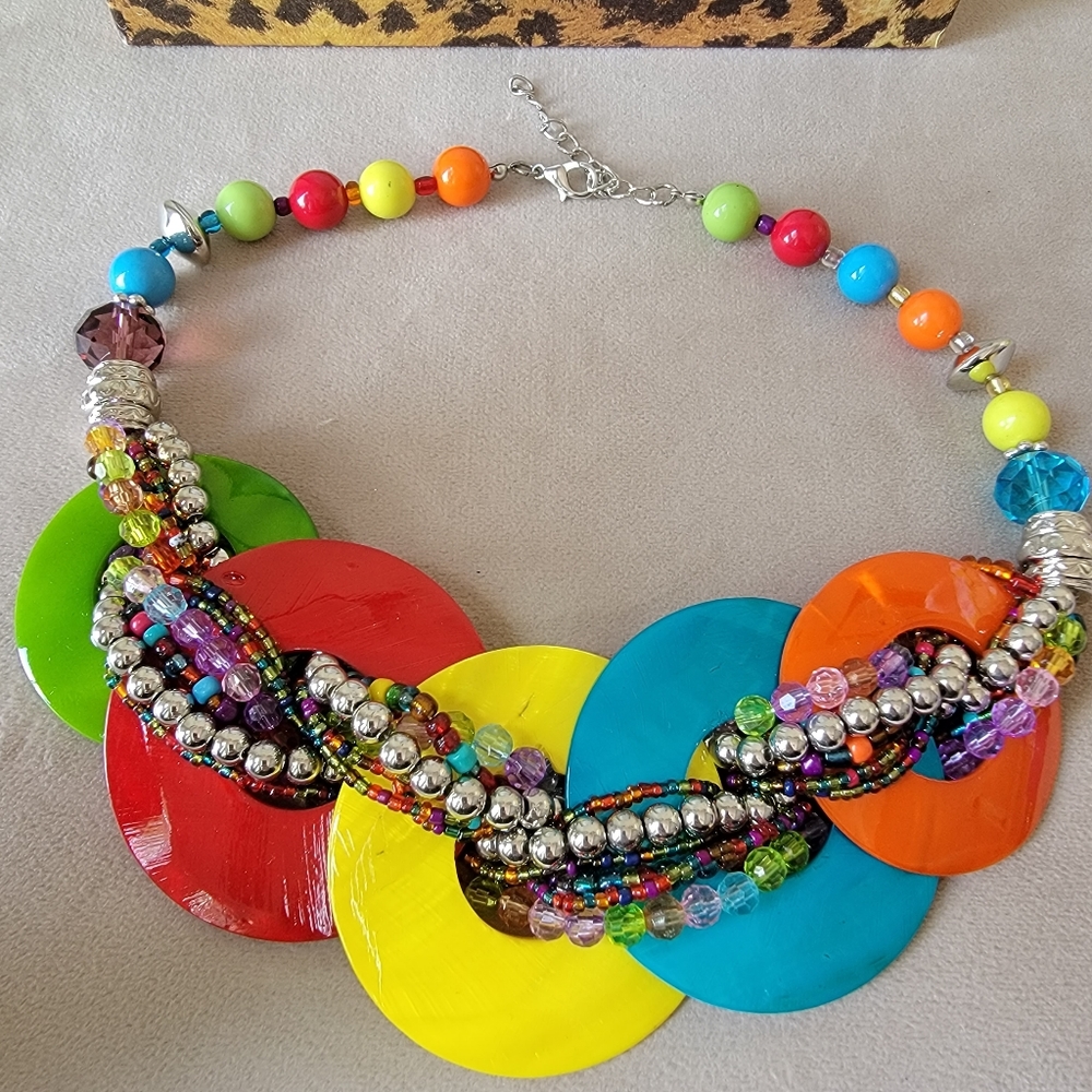 Silver and Multi-Colored Beaded Necklace and matching earings